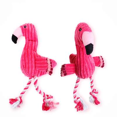 cute flamingo patten squeaky plush dog chew toy with long cotton rope leg